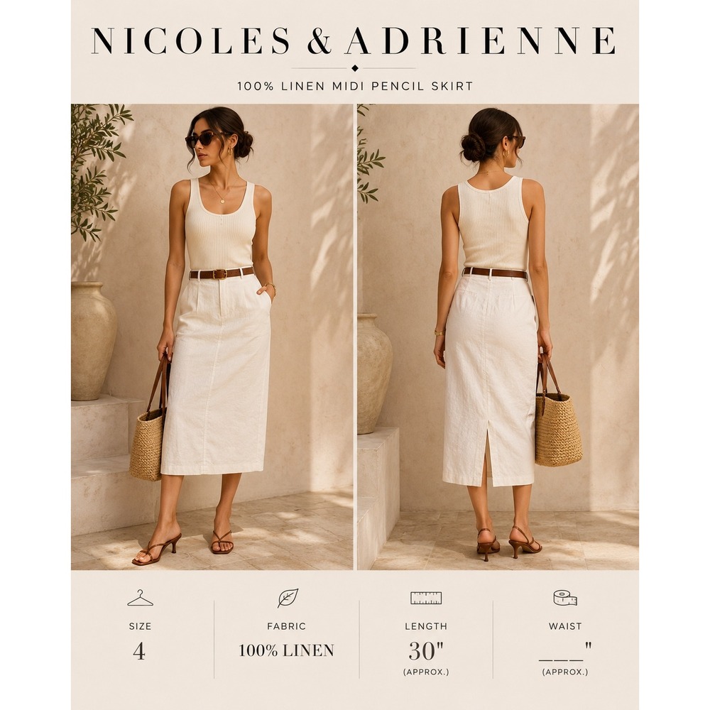 Cream Linen Midi Pencil Skirt